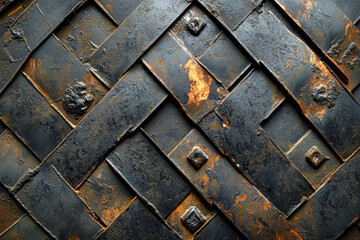 Poster - Rustic dark metal woven pattern with orange rust accents, creating a textured background.