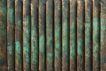 Poster - Rustic textured metal surface with vertical lines, showing patina and aged copper-green hues.