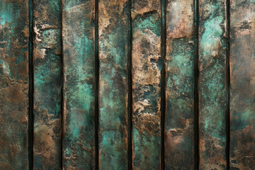 Poster - Rustic metallic texture with copper and teal patina, vertical planks.