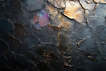 Poster - Dark, textured surface with cracked, metallic gold and black hues, creating an abstract, artistic effect.