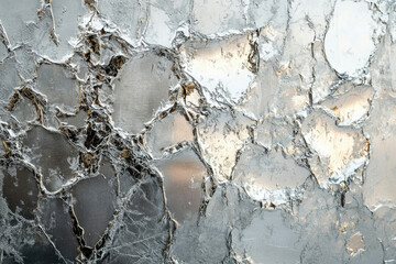 Poster - Abstract silver and gold textured art with cracked and fragmented metallic surface.