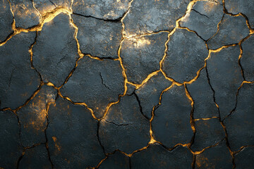 Aufkleber - Dark, cracked surface with glowing golden fissures, resembling dried earth or volcanic rock.