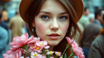 Sticker - A woman is holding a bouquet of pink flowers