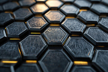 Aufkleber - Dark metallic hexagonal pattern with glowing edges, futuristic and abstract.