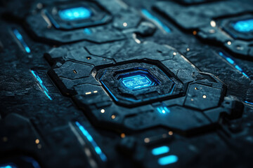 Leinwandbilder - Close-up of a dark, futuristic technological surface with glowing blue circuits and intricate details.