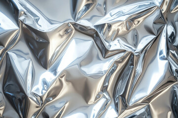 Poster - Crinkled silver foil reflecting light, creating a textured, metallic background.