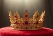 © ILIUSIA - Intricately designed golden crown adorned with green and red gemstones, placed on a luxurious red velvet cushion, perfect for regal and royal-themed designs