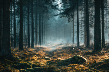 Aufkleber - Sunlit path through a misty pine forest, creating a magical, serene atmosphere.