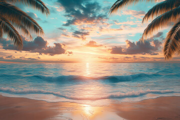 Poster - Serene sunset over a tropical beach, palm trees framing the idyllic scene.
