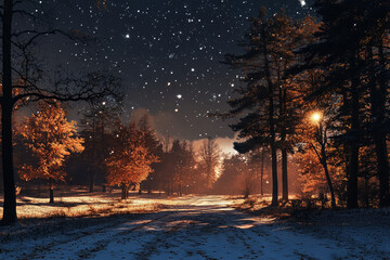 Aufkleber - A snowy path winds through a forest bathed in the warm glow of sunset under a starlit sky.