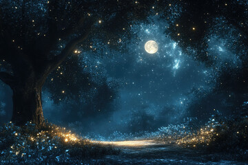 Aufkleber - Magical moonlit forest path illuminated by fireflies under a starry night sky.