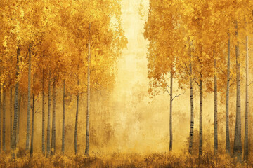 Poster - Golden aspen trees in autumn forest, bathed in warm sunlight, creating a serene and peaceful atmosphere.