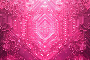 Poster - Abstract pink circuit board design with a symmetrical, kaleidoscopic pattern, glowing brightly.