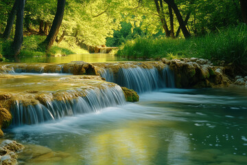 Poster - Serene cascade flowing through lush green forest, creating a picturesque natural scene.
