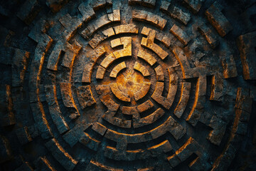 Poster - A mesmerizing circular maze carved from dark, textured stone, glowing with warm, golden highlights.