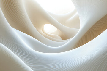 Poster - Abstract 3D rendering of flowing, undulating beige and white forms creating a mesmerizing, organic tunnel.