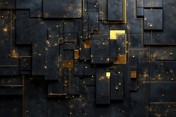 Poster - Abstract dark background with gold geometric shapes and glittering particles.