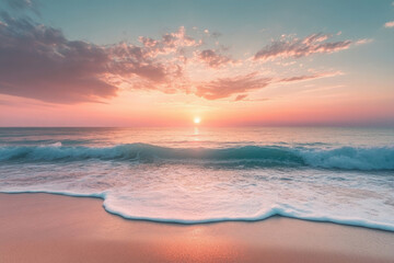 Poster - Serene sunset over tranquil ocean waves gently lapping a sandy beach.