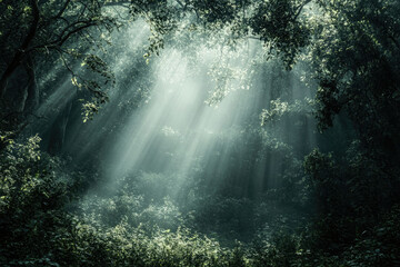 Poster - Sunbeams pierce through a misty forest, illuminating lush green foliage in a mystical scene.