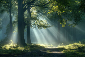 Aufkleber - Sunbeams pierce a misty forest, illuminating a path through ancient trees.