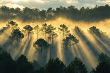 Aufkleber - Sunbeams pierce through morning mist, illuminating a pine forest, creating a magical scene.