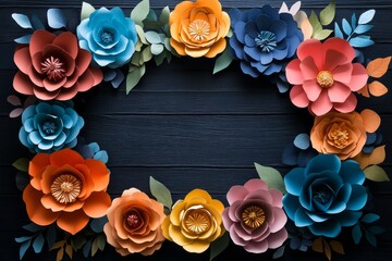 Poster - Vibrant handmade paper flowers forming a decorative frame on a dark wooden background, offering copy space