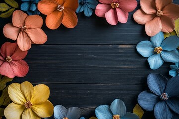 Poster - Colorful paper flowers creating a beautiful frame on a rustic dark wooden background, offering copy space for text or design