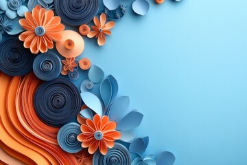 Poster - Intricate paper flowers and shapes in vibrant orange and blue hues create a beautiful floral design on a light blue background