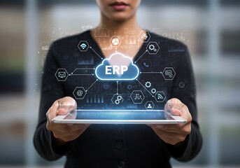 Poster - Businesswoman holding tablet displaying cloud-based ERP system.