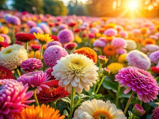 Wall Mural - Lush spring landscape awash in vibrant Burrii flowers; captivating field photography.