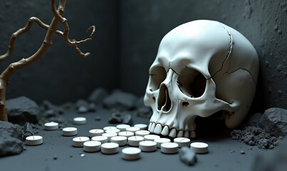 A creative representation of fentanyl, featuring a skull, pills, and dark elements, symbolizing the dangerous effects of the drug.