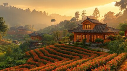 Poster - Sunrise over Asian village terraced gardens