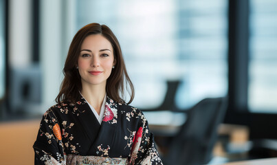 Poster - woman in floral kimono stands confidently in modern office setting