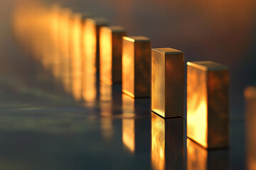 Poster - Golden sunrise reflecting on gold bullion bars symbolizing wealth and prosperity