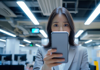 Aufkleber - businesswoman looks surprised while checking her smartphone in office