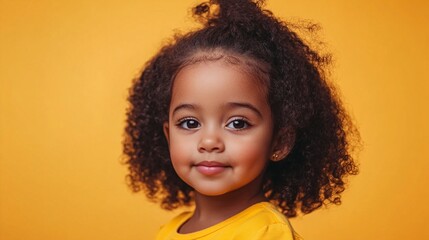 Portrait of a cheerful young child with beautiful natural curly hair and bright smile against vibrant yellow background, radiating pure joy and innocence in casual attire