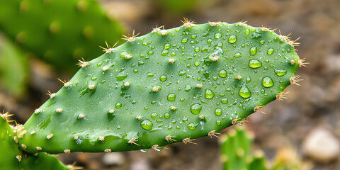Poster - Macro shot of cactus leaf with water droplets and spines