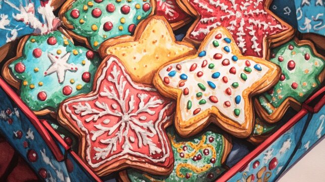 A hand-drawn close-up of a beautifully decorated cookie box filled with sugar cookies and festive sprinkles, ideal for gift-giving during the holidays.