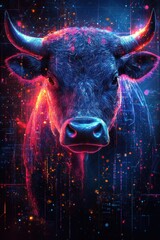 Poster - Abstract bull with glowing effects on a technological digital background