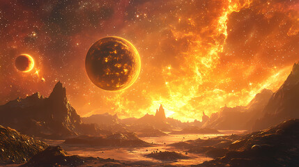 Wall Mural - celestial vista evokes awe and wonder, planets glow amidst fiery sky, fantasy landscape scene