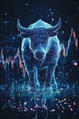Poster - Digital depiction of a bullish stock market with neon elements and a futuristic bull