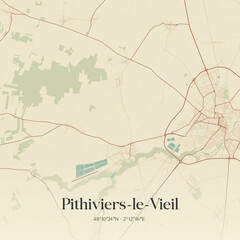  Vintage map of Pithiviers-le-Vieil, France.