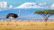 © mashimara - Ostrich on the Savanna: A majestic ostrich strides confidently across the vast African savanna, with the iconic snow-capped peak in the distance.