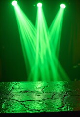 Poster - Empty dark stone table with green fluorescent neon laser lights. Party and night club concept background with copy space for text or product display