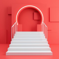 Poster - Abstract Minimalist Staircase with Circular Arch in Vibrant Red Background for Modern Design Concepts