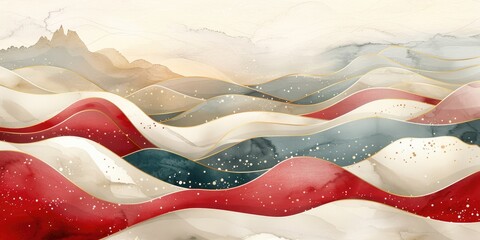 Poster - Abstract watercolor landscape with flowing waves and soft colors in red, blue, and cream tones
