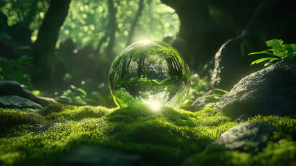 Wall Mural - Eco friendly future with crystal globe on moss highlighting CSR ESG and climate responsibility