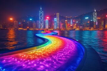Poster - a lively nighttime cityscape featuring a vivid light trail shimmering over the water