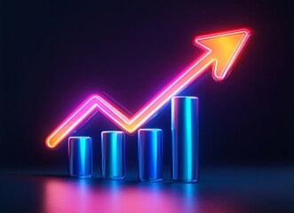 Poster - with a backdrop of dynamic data visualizations, a vibrant neon arrow rises, symbolizing growth and p