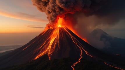 Majestic volcano erupting with lava and smoke at sunset, showcasing nature power